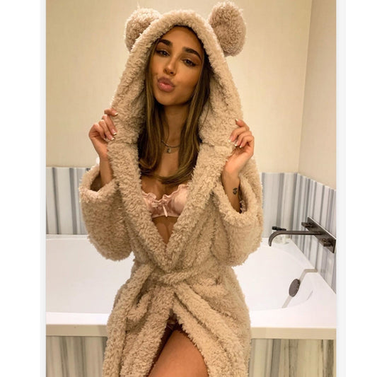 Womens Cozy Bear Hooded Dressing Gown Bedroom Robe
