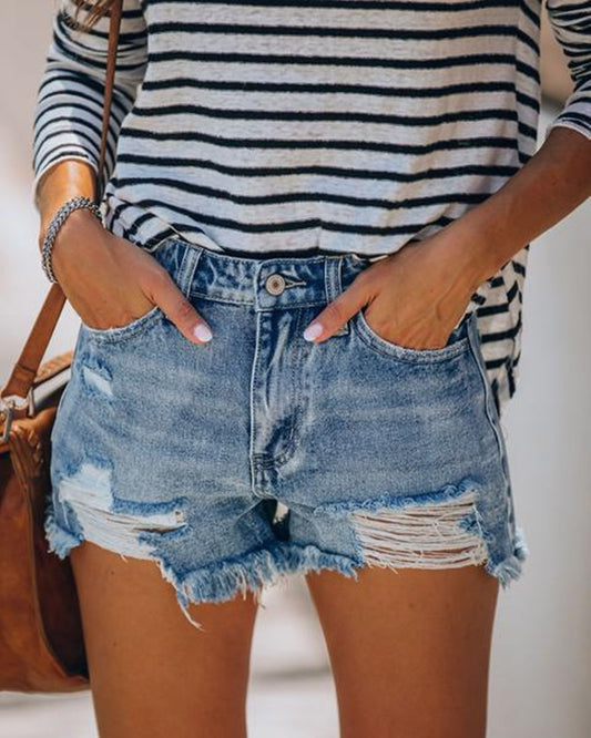 Button Hole Fringed Jeans Shorts Hot Pants