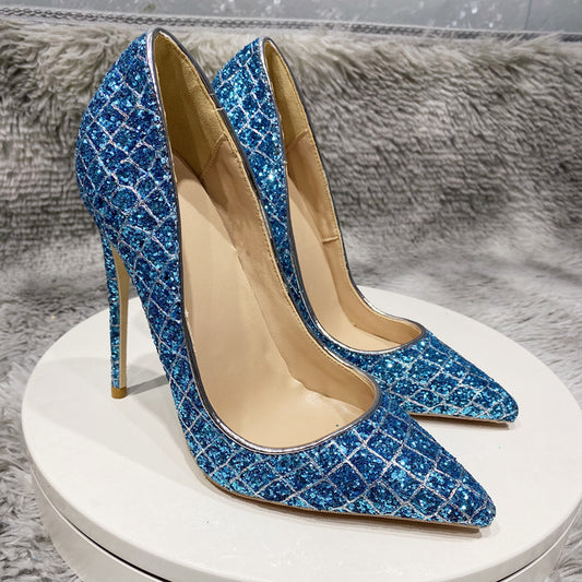 Blue Sequined Croc Pattern Sapphire Blue High Heel