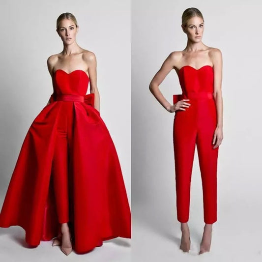 Red jumpsuit evening dresses comes in Black & Cream Jumpsuit Evening Dresses With