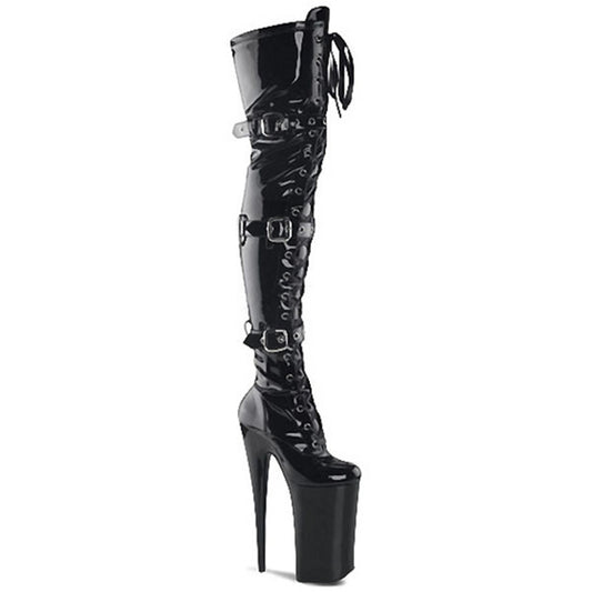 Black Patent Thigh High Buckle Boots| Pole Dance Thigh High Boots | Black Patent Buckle 20cm Super High Heel over knee boots