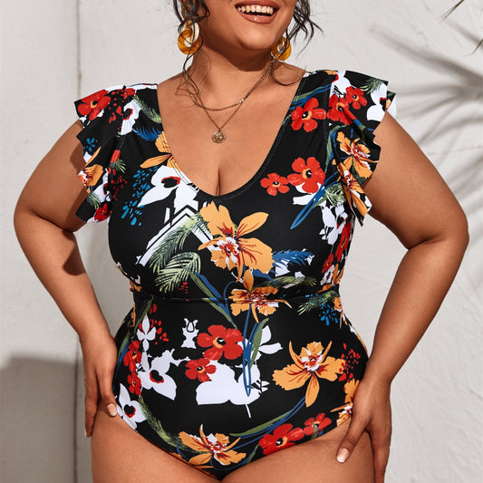 Curvy Girl V-neck Bikini High-waisted One-piece Conservative Backless Swimsuit plus size