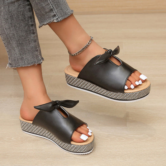 Peep Toe Sandals Bow Platform Mid Heels Slippers Outdoor Slides Shoes