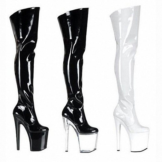 High heel patent leather stretch boots