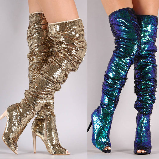 Sequin Fashion Fish Mouth Over The Knee High Heel Long Boots