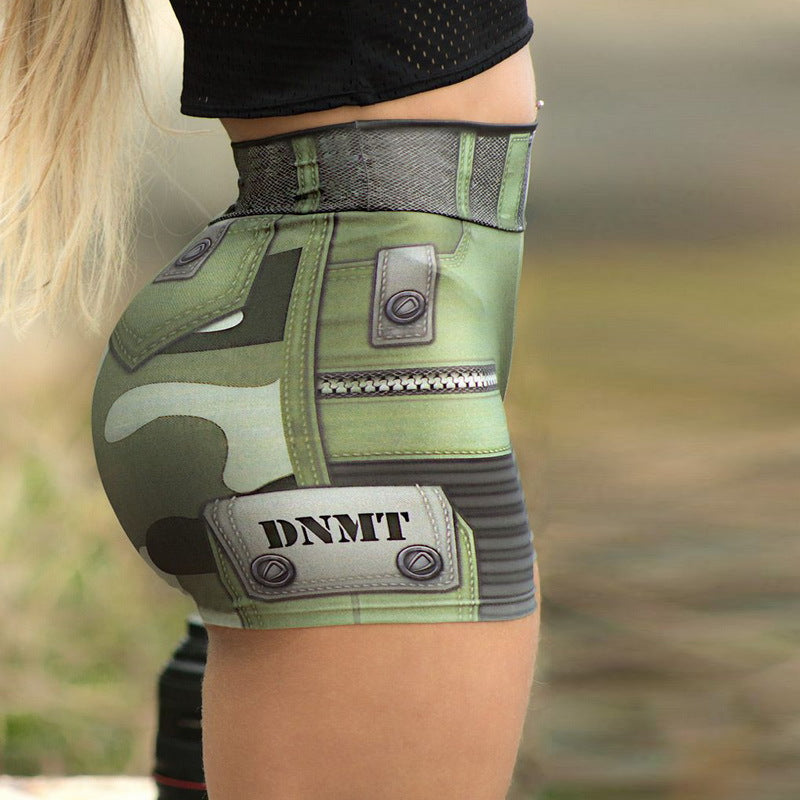 High Waist Fitness Army Green Female Soldier Print Shorts