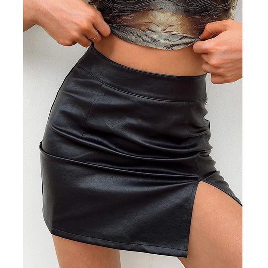 Summer PU Short Skirt Temperament Sexy Irregular Split Patent Leather Short Skirt