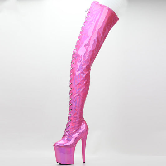 Rose | Silver Thigh High POle Dance Boots |Patent Thigh High Boots| Pole Dance Thigh High Boots | Pink Patent 20cm Super High Heel over knee boots Super High Heel Thigh Boots